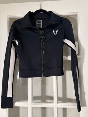 Firm Abs Vimmia Black Cropped Bomber Jacket with White Sleeve Panels